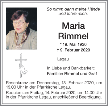 Traueranzeige von Maria Rimmel von Memminger Zeitung