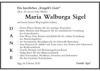 Traueranzeige von Maria Walburga Sigel von Der Westallgäuer