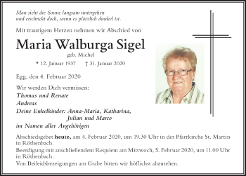 Traueranzeige von Maria Walburga Sigel von Der Westallgäuer