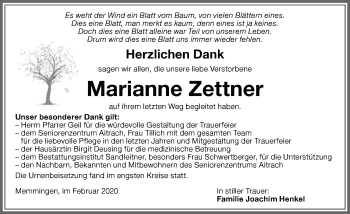 Traueranzeige von Marianne Zettner von Memminger Zeitung