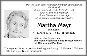 Traueranzeige von Martha Mayr von Allgäuer Zeitung, Kaufbeuren/Buchloe