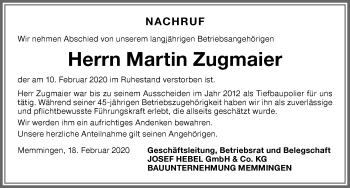 Traueranzeige von Martin Zugmaier von Memminger Zeitung