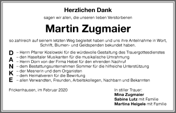 Traueranzeige von Martin Zugmaier von Memminger Zeitung