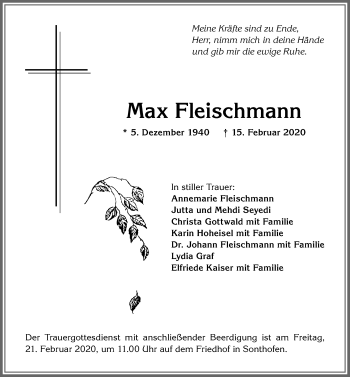 Traueranzeige von Max Fleischmann von Allgäuer Anzeigeblatt