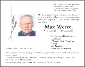Traueranzeige von Max Wetzel von Der Westallgäuer