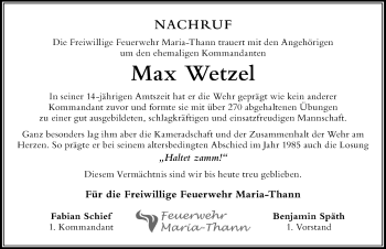 Traueranzeige von Max Wetzel von Der Westallgäuer