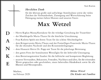 Traueranzeige von Max Wetzel von Der Westallgäuer