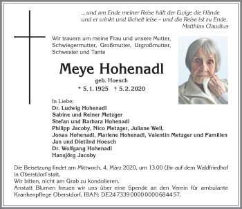 Traueranzeige von Meye Hohenadl von Allgäuer Anzeigeblatt