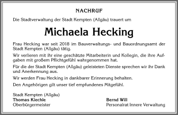 Traueranzeige von Michaela Hecking von Allgäuer Anzeigeblatt