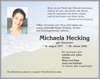 Traueranzeige von Michaela Hecking von Allgäuer Anzeigeblatt