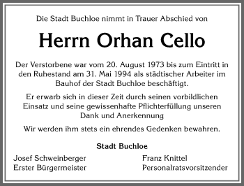 Traueranzeige von Orhan Cello von Allgäuer Zeitung, Kaufbeuren/Buchloe