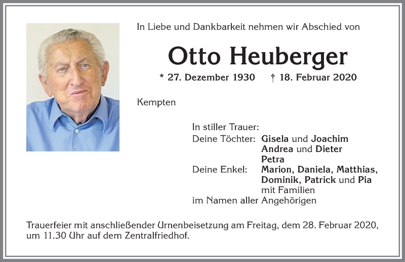 Traueranzeige für Otto Heuberger vom 25.02.2020 aus Allgäuer Zeitung,Kempten