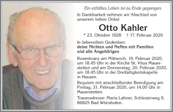 Traueranzeige von Otto Kahler von Allgäuer Zeitung, Kaufbeuren/Buchloe