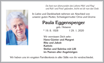 Traueranzeige von Paula Eggensperger von Allgäuer Zeitung, Füssen