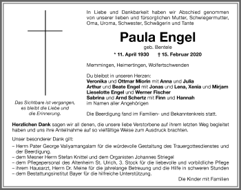 Traueranzeige von Paula Engel von Memminger Zeitung