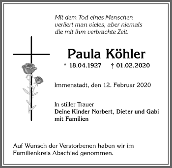 Traueranzeige von Paula Köhler von Allgäuer Anzeigeblatt