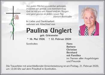 Traueranzeige von Paulina Unglert von Allgäuer Anzeigeblatt