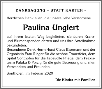 Traueranzeige von Paulina Unglert von Allgäuer Anzeigeblatt