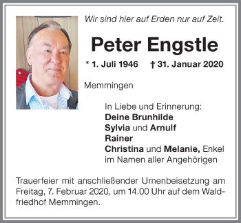 Traueranzeige von Peter Engstle von Memminger Zeitung