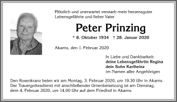 Traueranzeige von Peter Prinzing von Allgäuer Anzeigeblatt
