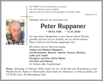 Traueranzeige von Peter Ruppaner von Allgäuer Zeitung