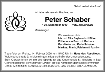 Traueranzeige von Peter Schaber von Memminger Zeitung