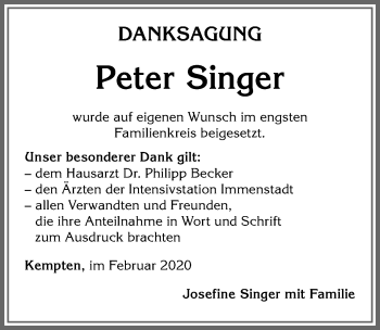 Traueranzeige von Peter Singer von Allgäuer Zeitung,Kempten