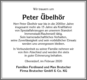 Traueranzeige von Peter Übelhör von Allgäuer Anzeigeblatt