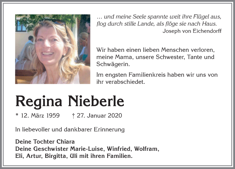  Traueranzeige für Regina Nieberle vom 22.02.2020 aus Allgäuer Zeitung, Kaufbeuren/Buchloe