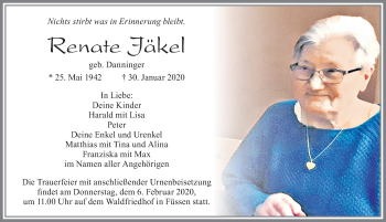 Traueranzeige von Renate Jäkel von Allgäuer Zeitung, Füssen
