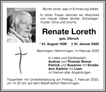 Traueranzeige von Renate Loreth von Memminger Zeitung