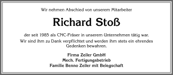 Traueranzeige von Richard Stoß von Allgäuer Zeitung, Marktoberdorf