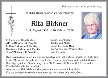 Traueranzeige von Rita Birkner von Allgäuer Anzeigeblatt