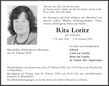 Traueranzeige von Rita Loritz von Der Westallgäuer
