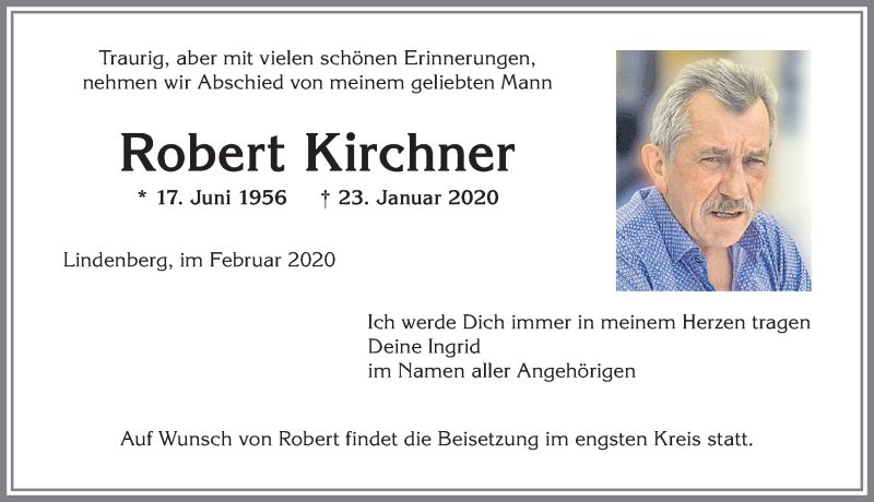  Traueranzeige für Robert Kirchner vom 01.02.2020 aus Allgäuer Zeitung, Kaufbeuren/Buchloe