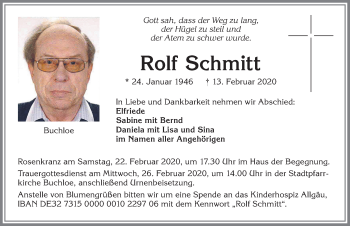 Traueranzeige von Rolf Schmitt von Allgäuer Zeitung, Kaufbeuren/Buchloe