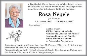 Traueranzeige von Rosa Negele von Allgäuer Zeitung, Kaufbeuren/Buchloe