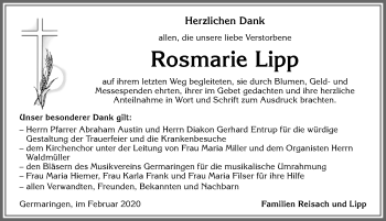 Traueranzeige von Rosmarie Lipp von Allgäuer Zeitung, Kaufbeuren/Buchloe