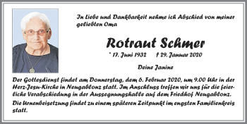 Traueranzeige von Rotraut Schmer von Allgäuer Zeitung, Kaufbeuren/Buchloe