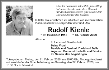 Traueranzeige von Rudolf Kienle von Allgäuer Zeitung,Kempten