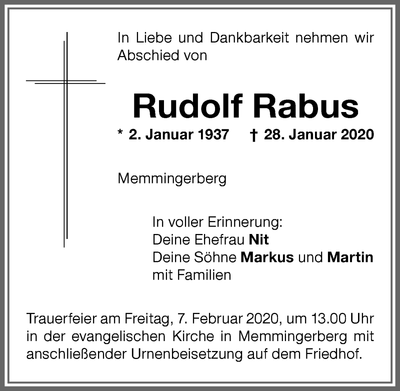  Traueranzeige für Rudolf Rabus vom 05.02.2020 aus Memminger Zeitung