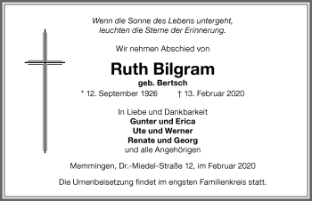 Traueranzeige von Ruth Bilgram von Memminger Zeitung