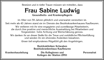 Traueranzeige von Sabine Ludwig von Allgäuer Zeitung, Kaufbeuren/Buchloe
