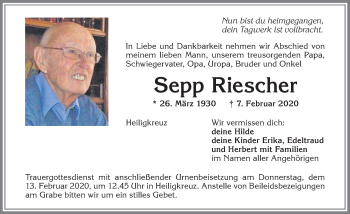 Traueranzeige von Sepp Riescher von Allgäuer Zeitung,Kempten