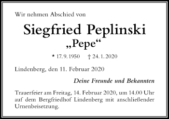 Traueranzeige von Siegfried Peplinski von Der Westallgäuer
