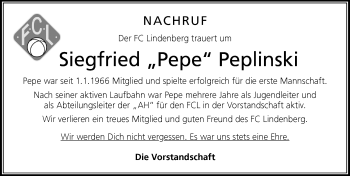 Traueranzeige von Siegfried Peplinski von Der Westallgäuer