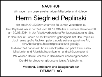Traueranzeige von Siegfried Peplinski von Der Westallgäuer