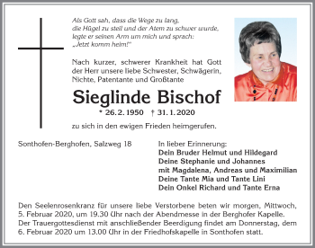 Traueranzeige von Sieglinde Bischof von Allgäuer Anzeigeblatt