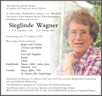 Traueranzeige von Sieglinde Wagner von Der Westallgäuer