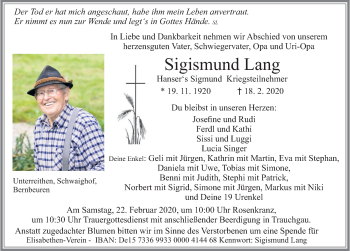 Traueranzeige von Sigismund Lang von Allgäuer Zeitung, Füssen